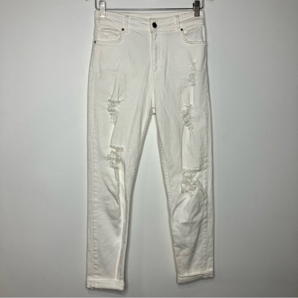 Zara Woman high rise straight leg jeans off white distressed size 02